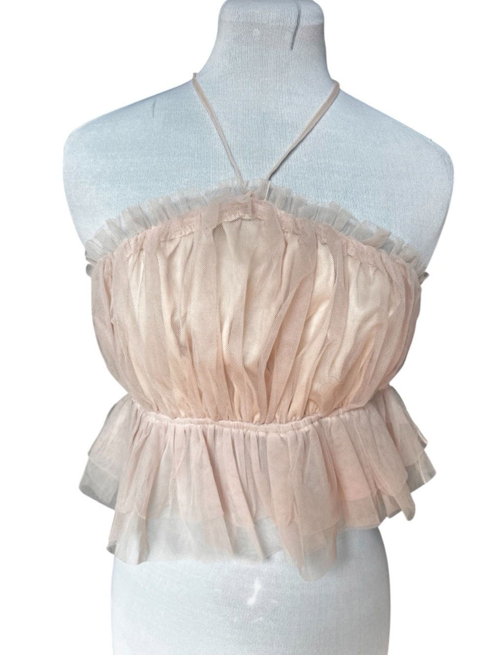 American Threads Blush Pink Peplum Tulle Spaghetti String Halter Tie Top Medium